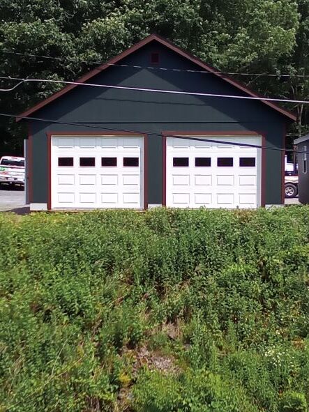 gray garage with red trim