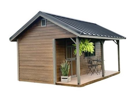 shed with plants hanging from awning