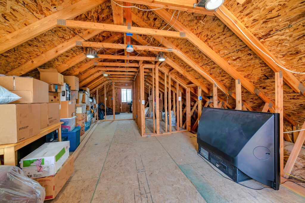 Interior of attic space with boxes and old appliances.